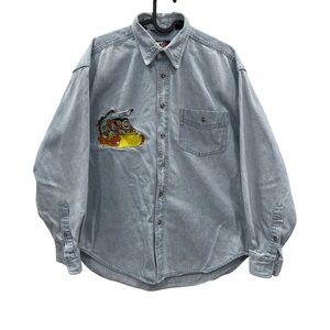 VINTAGE CARTOON CORNER The Flinstones Unisex Size M Denim Collared Long Sleeve